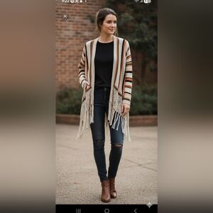 Say What? Multicolor Striped Cardigan with Fringe